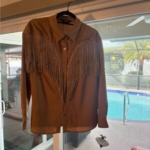 Allegra K Tan Fringe Button-Up Blouse